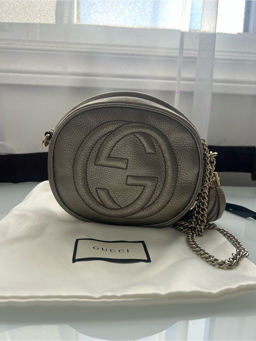 Gucci Gold Metallic Pewter Soho Disco Leather Crossbody Bag